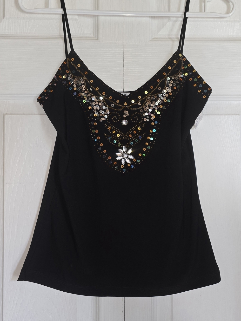 Black Embellished Spaghetti-Strap Tank Top